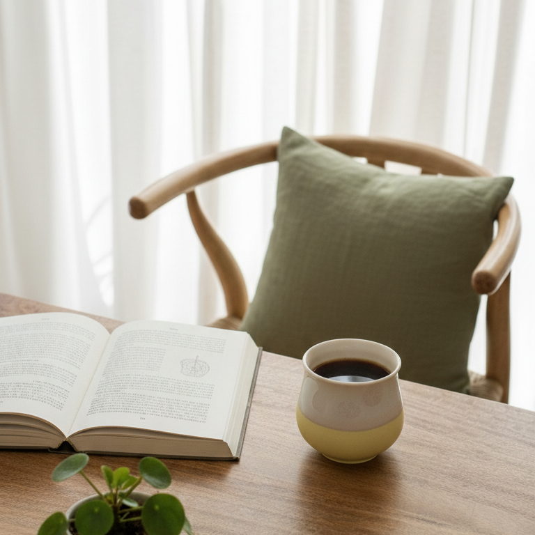 Table with a book, cup of coffee, and small plant in a room with white curtains.