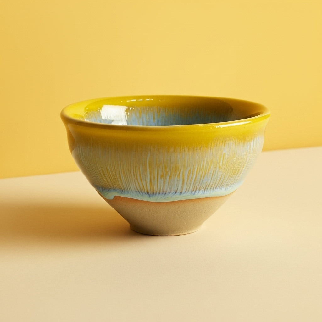 Ceramic bowl with yellow and blue gradient on a beige surface and yellow background