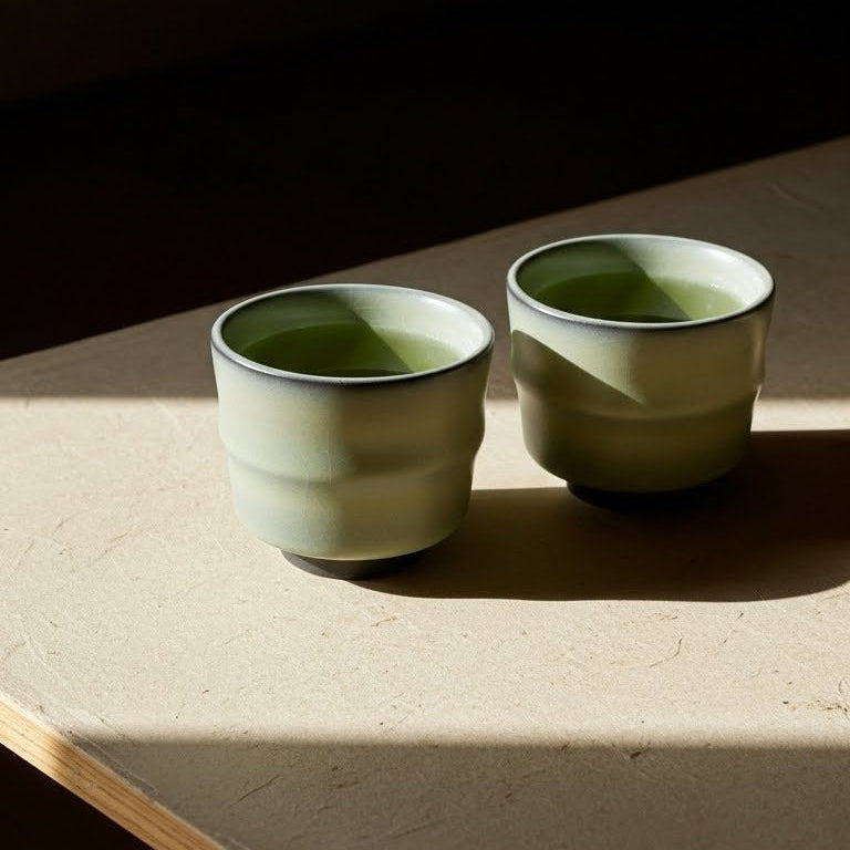 Two ceramic cups with green tea on a textured surface with a dark background