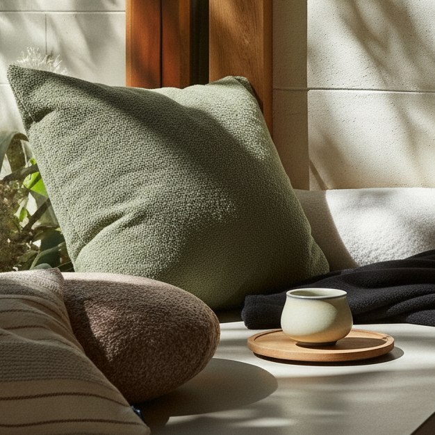 Green pillow on a sofa with a small white cup on a wooden coaster.