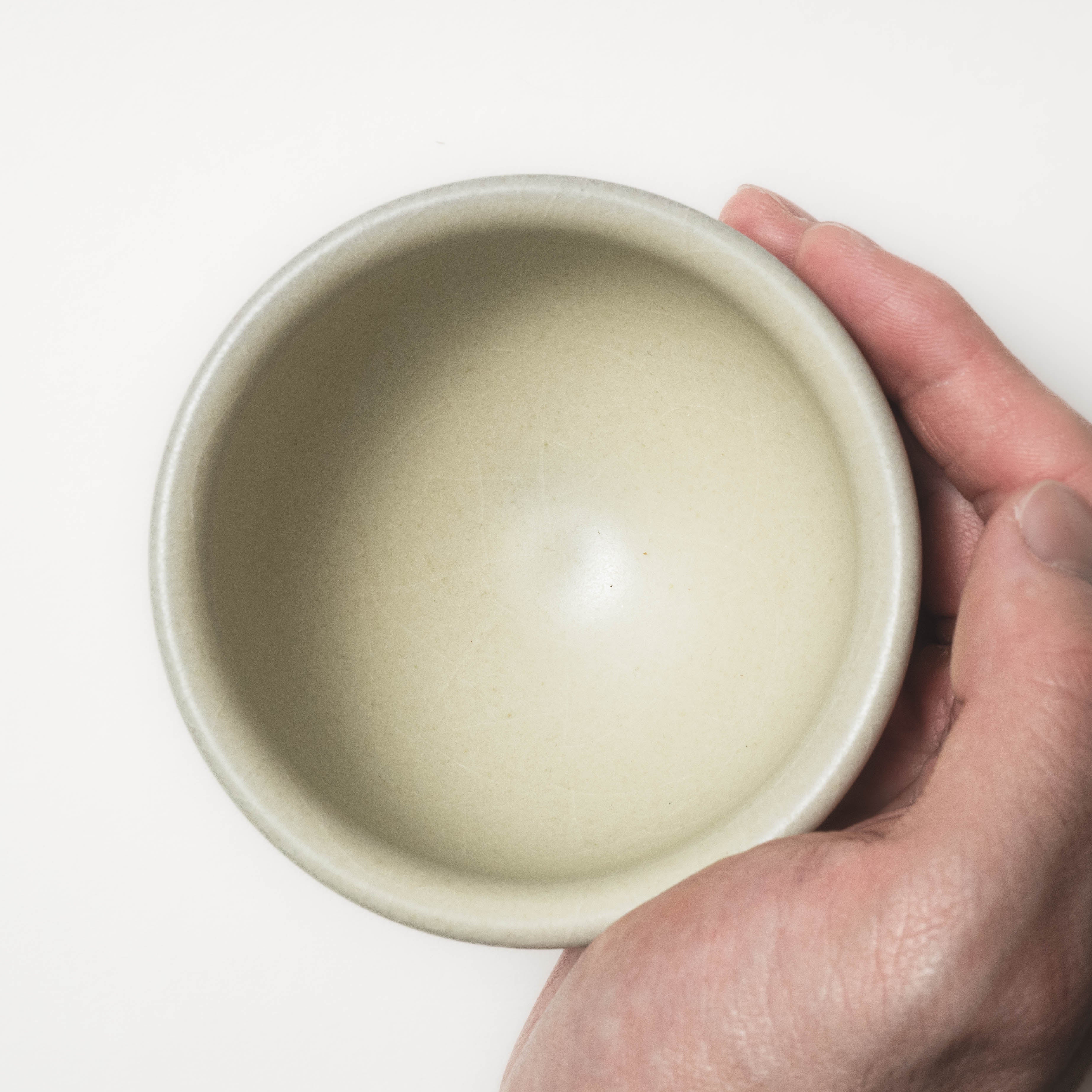 Hand holding a beige ceramic bowl against a white background