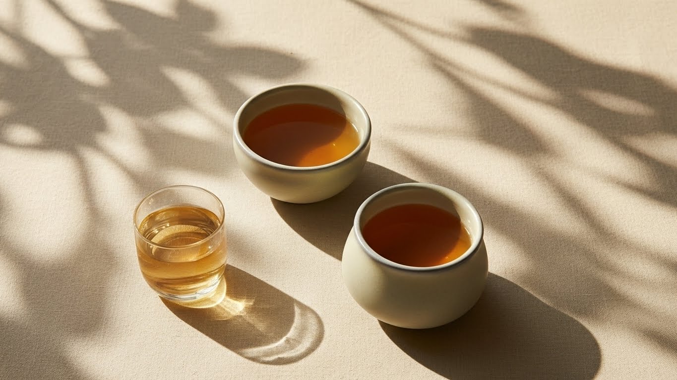 Two white ceramic cups and a glass with tea on a light surface with shadows.